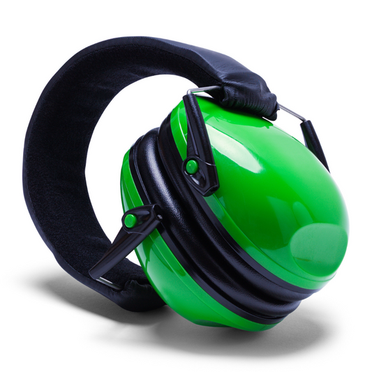 a green ear muffs with black straps
