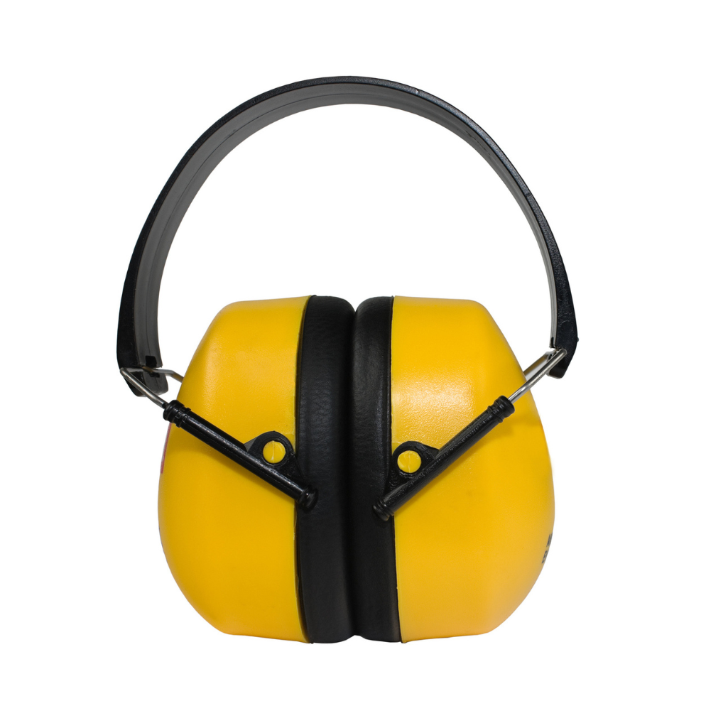 a yellow ear muffs with black handles